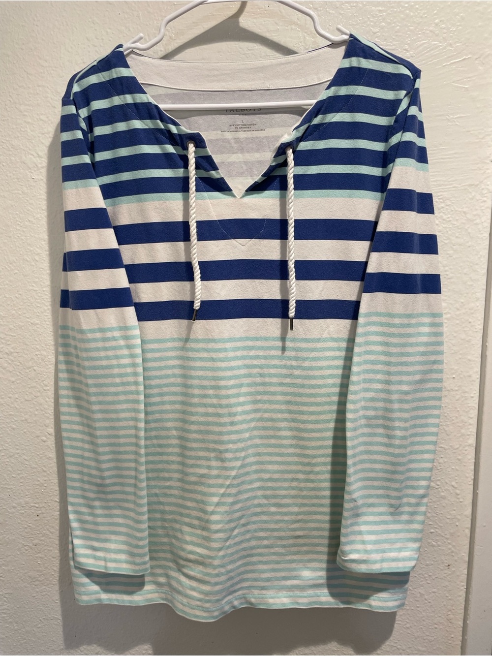 ⚓️ Talbots Coastal Blue Mint Ombre Stripe Rope Tie Pullover Hoodie L 🌊